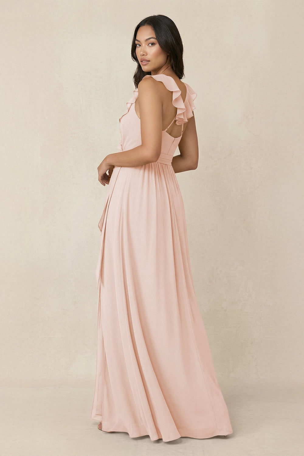 Ruffled V-Neck A-Line Chiffon Bridesmaid Dress in Pale Blush - SHE IS ME BRIDESMAID DRESSES