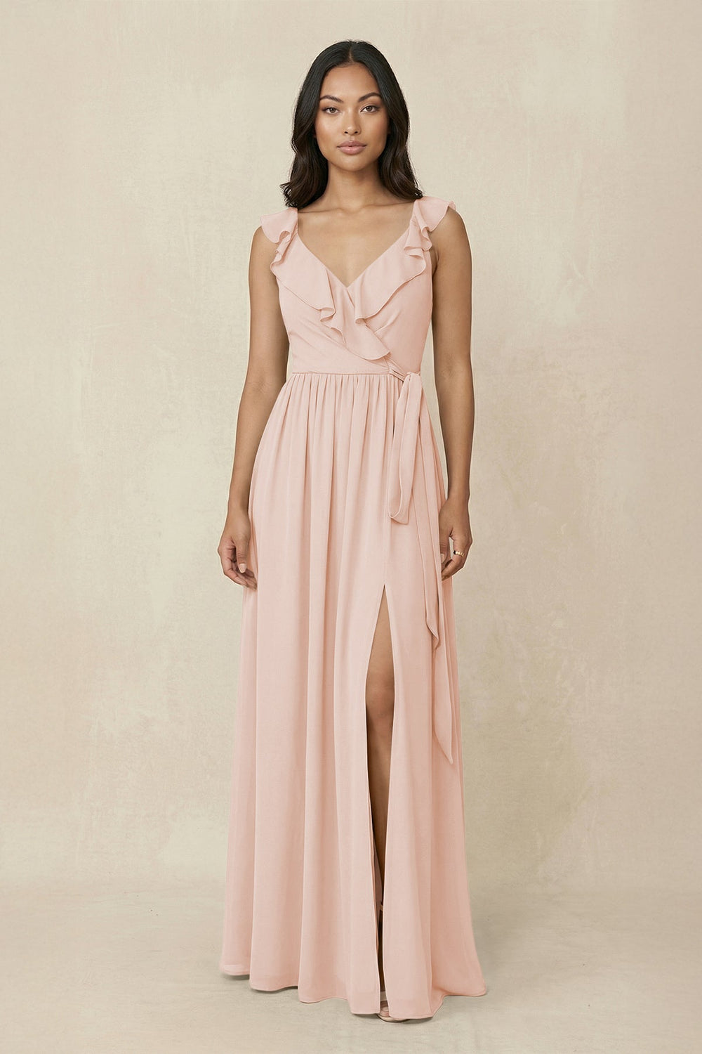 Ruffled V-Neck A-Line Chiffon Bridesmaid Dress in Pale Blush - SHE IS ME BRIDESMAID DRESSES
