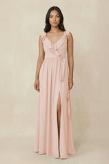 Ruffled V-Neck A-Line Chiffon Bridesmaid Dress in Pale Blush - KISS BRIDAL BRIDESMAID DRESSES