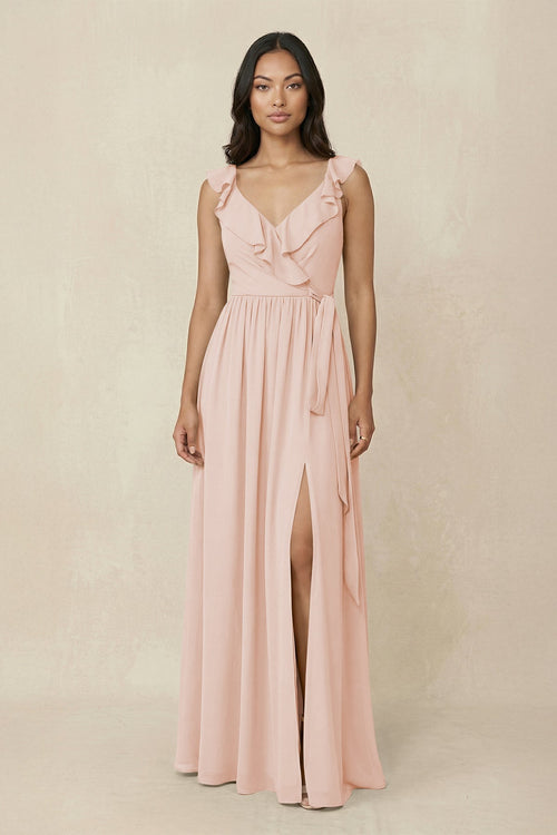 Ruffled V-Neck A-Line Chiffon Bridesmaid Dress in Pale Blush - SHE IS ME BRIDESMAID DRESSES