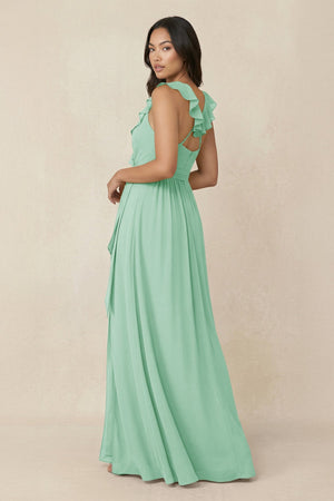 Ruffled V-Neck A-Line Chiffon Bridesmaid Dress in Pale Pistachio - SHE IS ME BRIDESMAID DRESSES