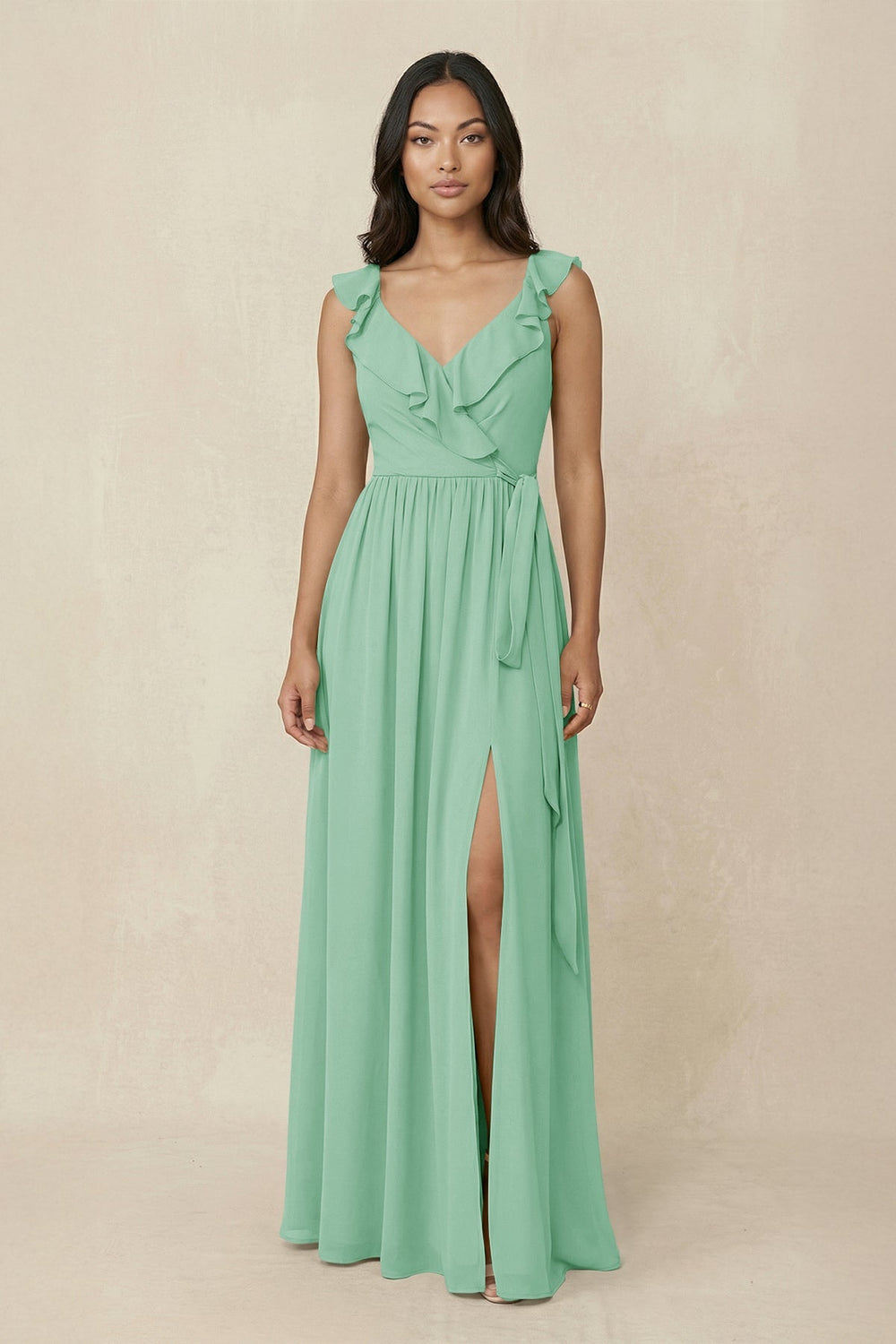 Ruffled V-Neck A-Line Chiffon Bridesmaid Dress in Pale Pistachio - SHE IS ME BRIDESMAID DRESSES