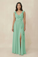 Ruffled V-Neck A-Line Chiffon Bridesmaid Dress in Pale Pistachio - SHE IS ME BRIDESMAID DRESSES