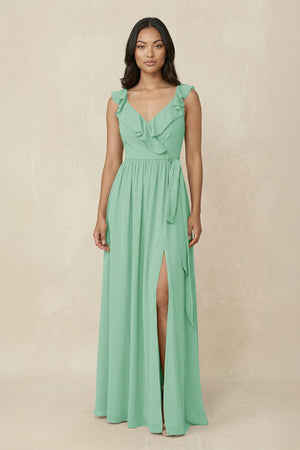Ruffled V-Neck A-Line Chiffon Bridesmaid Dress in Pale Pistachio - SHE IS ME BRIDESMAID DRESSES