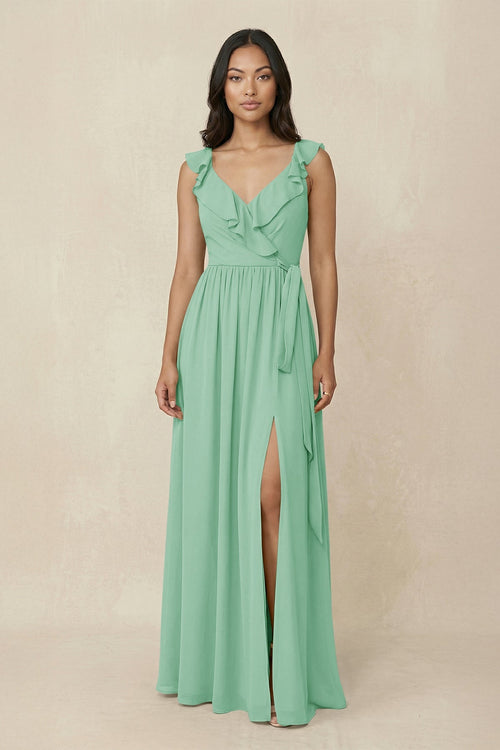 Ruffled V-Neck A-Line Chiffon Bridesmaid Dress in Pale Pistachio - SHE IS ME BRIDESMAID DRESSES