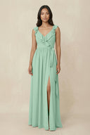 Ruffled V-Neck A-Line Chiffon Bridesmaid Dress in Pale Pistachio - KISS BRIDAL BRIDESMAID DRESSES
