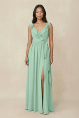 Ruffled V-Neck A-Line Chiffon Bridesmaid Dress in Pale Pistachio - KISS BRIDAL BRIDESMAID DRESSES