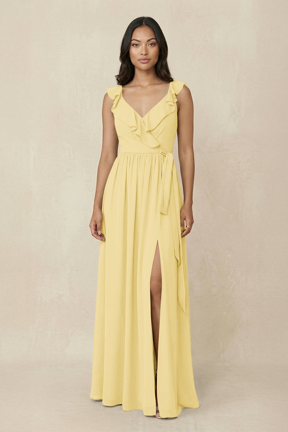 Ruffled V-Neck A-Line Chiffon Bridesmaid Dress in Pastel Yellow - KISS BRIDAL BRIDESMAID DRESSES