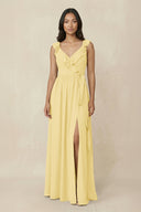 Ruffled V-Neck A-Line Chiffon Bridesmaid Dress in Pastel Yellow - SHE IS ME BRIDESMAID DRESSES