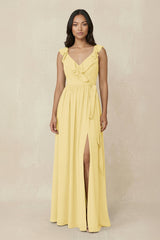 Ruffled V-Neck A-Line Chiffon Bridesmaid Dress in Pastel Yellow - KISS BRIDAL BRIDESMAID DRESSES
