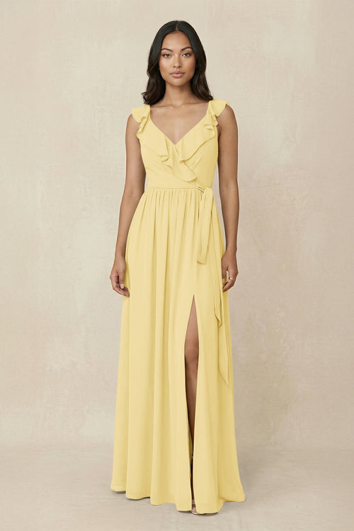 Ruffled V-Neck A-Line Chiffon Bridesmaid Dress in Pastel Yellow - SHE IS ME BRIDESMAID DRESSES