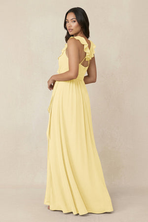 Ruffled V-Neck A-Line Chiffon Bridesmaid Dress in Pastel Yellow - SHE IS ME BRIDESMAID DRESSES