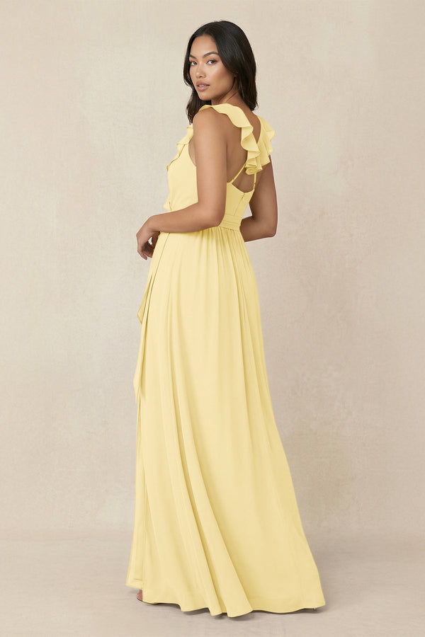 Ruffled V-Neck A-Line Chiffon Bridesmaid Dress in Pastel Yellow - SHE IS ME BRIDESMAID DRESSES