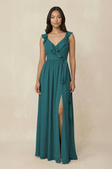 Ruffled V-Neck A-Line Chiffon Bridesmaid Dress in Pine - KISS BRIDAL BRIDESMAID DRESSES