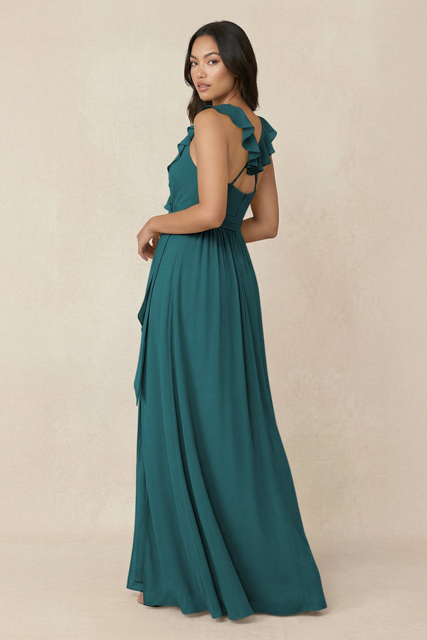 Ruffled V-Neck A-Line Chiffon Bridesmaid Dress in Pine - SHE IS ME BRIDESMAID DRESSES
