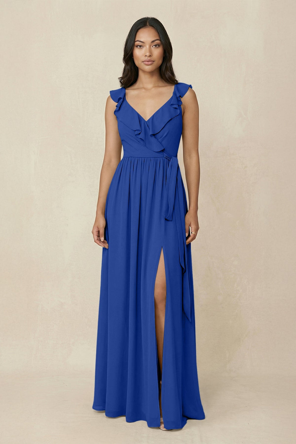 Ruffled V-Neck A-Line Chiffon Bridesmaid Dress in Royal Blue - SHE IS ME BRIDESMAID DRESSES