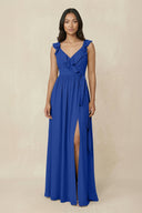 Ruffled V-Neck A-Line Chiffon Bridesmaid Dress in Royal Blue - SHE IS ME BRIDESMAID DRESSES