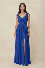 Ruffled V-Neck A-Line Chiffon Bridesmaid Dress in Royal Blue - KISS BRIDAL BRIDESMAID DRESSES