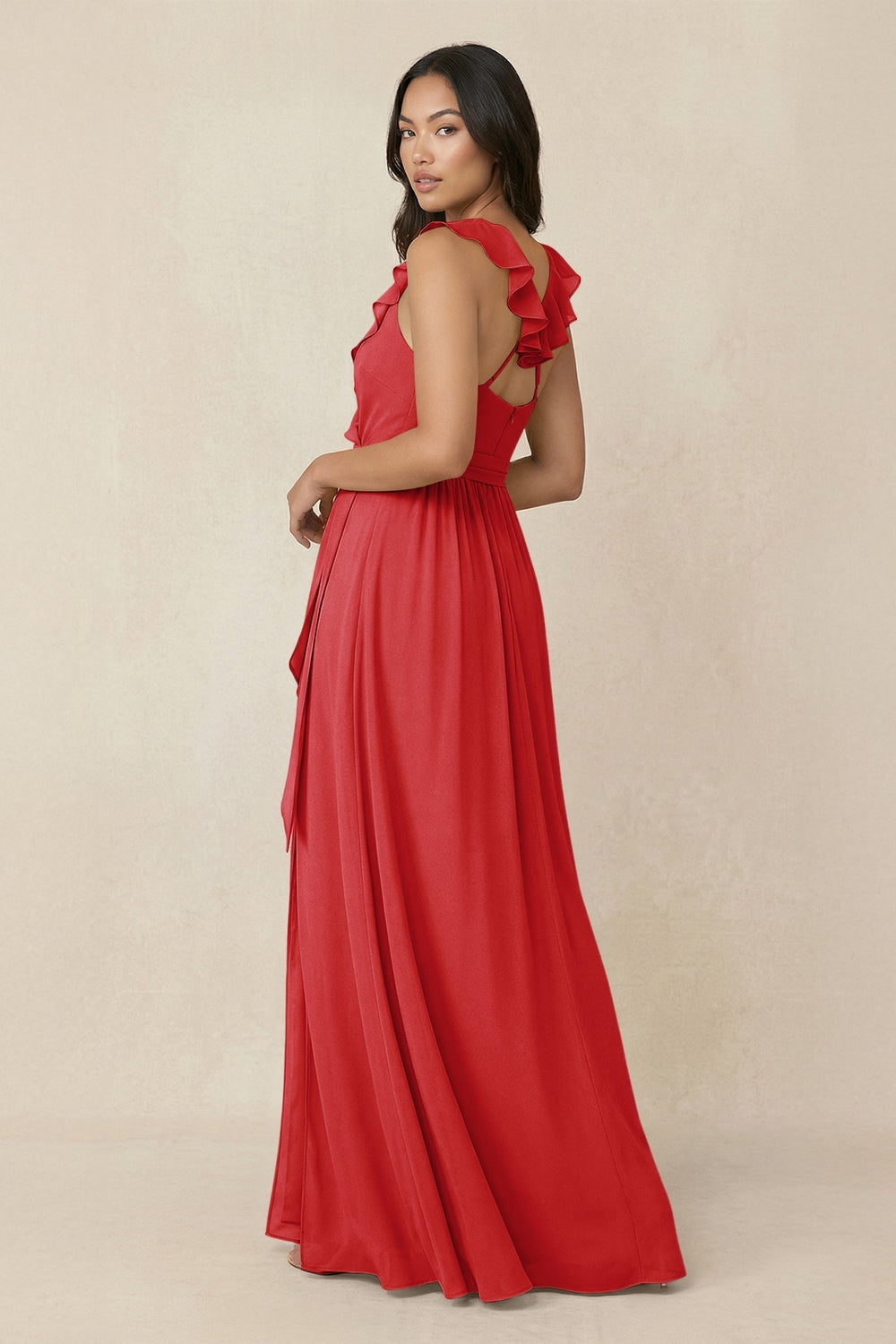Ruffled V-Neck A-Line Chiffon Bridesmaid Dress in Ruby Red - SHE IS ME BRIDESMAID DRESSES