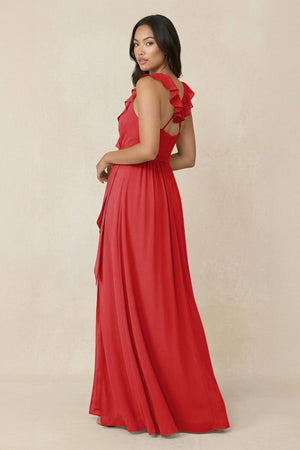Ruffled V-Neck A-Line Chiffon Bridesmaid Dress in Ruby Red - SHE IS ME BRIDESMAID DRESSES
