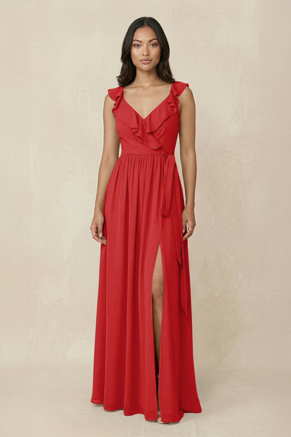 Ruffled V-Neck A-Line Chiffon Bridesmaid Dress in Ruby Red - SHE IS ME BRIDESMAID DRESSES