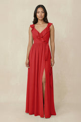 Ruffled V-Neck A-Line Chiffon Bridesmaid Dress in Ruby Red - KISS BRIDAL BRIDESMAID DRESSES
