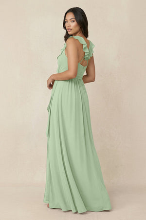 Ruffled V-Neck A-Line Chiffon Bridesmaid Dress in Sage - SHE IS ME BRIDESMAID DRESSES