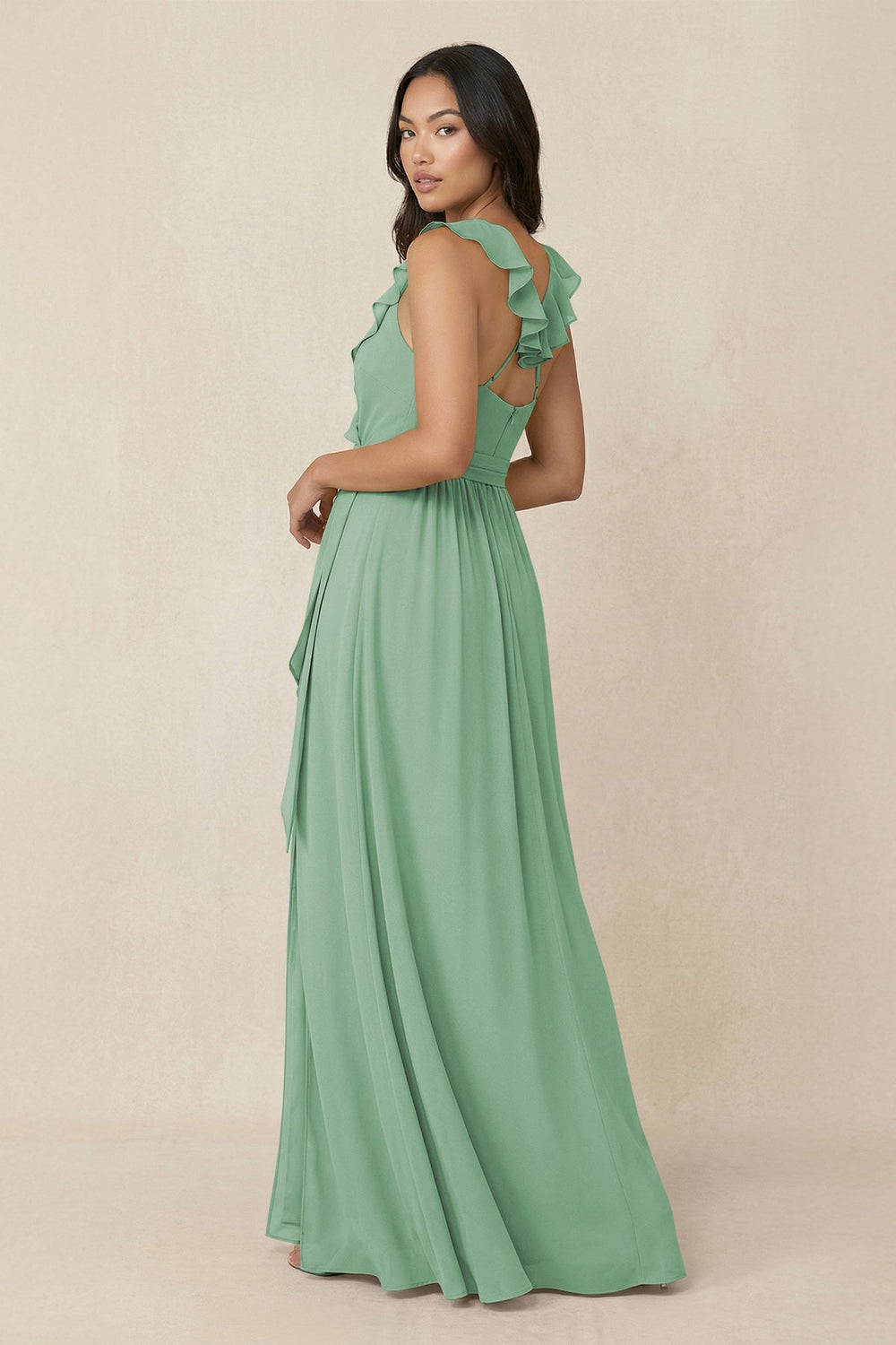 Ruffled V-Neck A-Line Chiffon Bridesmaid Dress in Sea Glass - SHE IS ME BRIDESMAID DRESSES