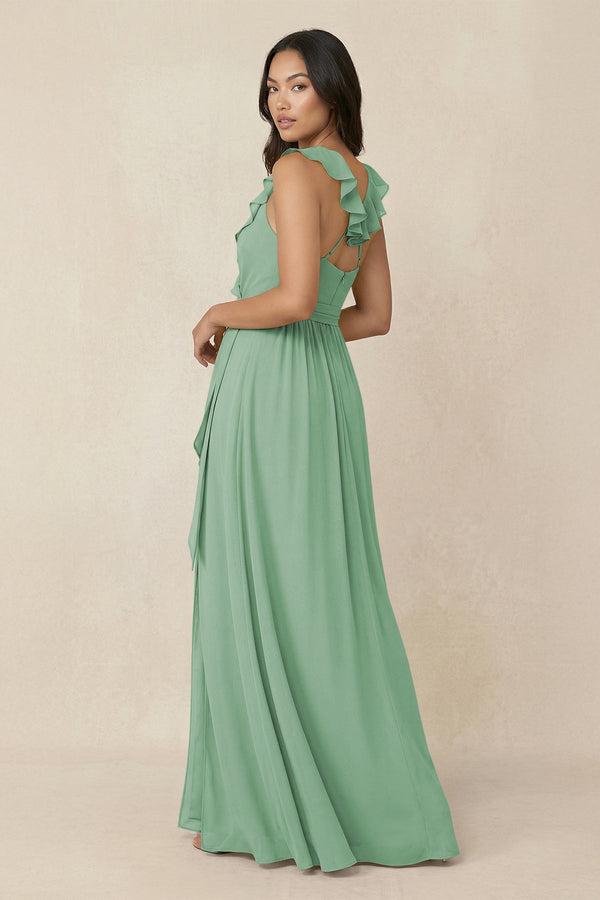 Ruffled V-Neck A-Line Chiffon Bridesmaid Dress in Sea Glass - SHE IS ME BRIDESMAID DRESSES