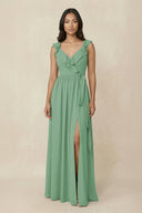 Ruffled V-Neck A-Line Chiffon Bridesmaid Dress in Sea Glass - SHE IS ME BRIDESMAID DRESSES
