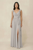 Ruffled V-Neck A-Line Chiffon Bridesmaid Dress in Silver - SHE IS ME BRIDESMAID DRESSES
