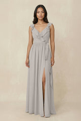 Ruffled V-Neck A-Line Chiffon Bridesmaid Dress in Silver - KISS BRIDAL BRIDESMAID DRESSES