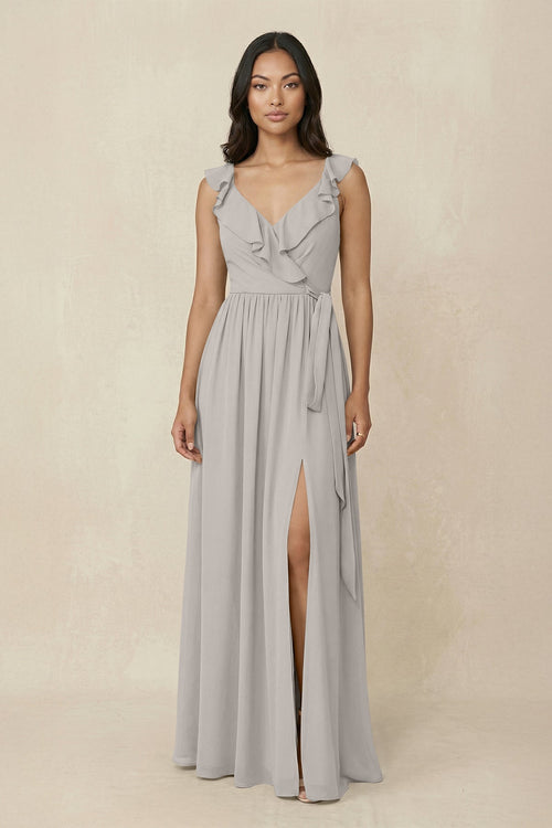 Ruffled V-Neck A-Line Chiffon Bridesmaid Dress in Silver - SHE IS ME BRIDESMAID DRESSES