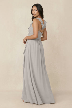 Ruffled V-Neck A-Line Chiffon Bridesmaid Dress in Silver - SHE IS ME BRIDESMAID DRESSES