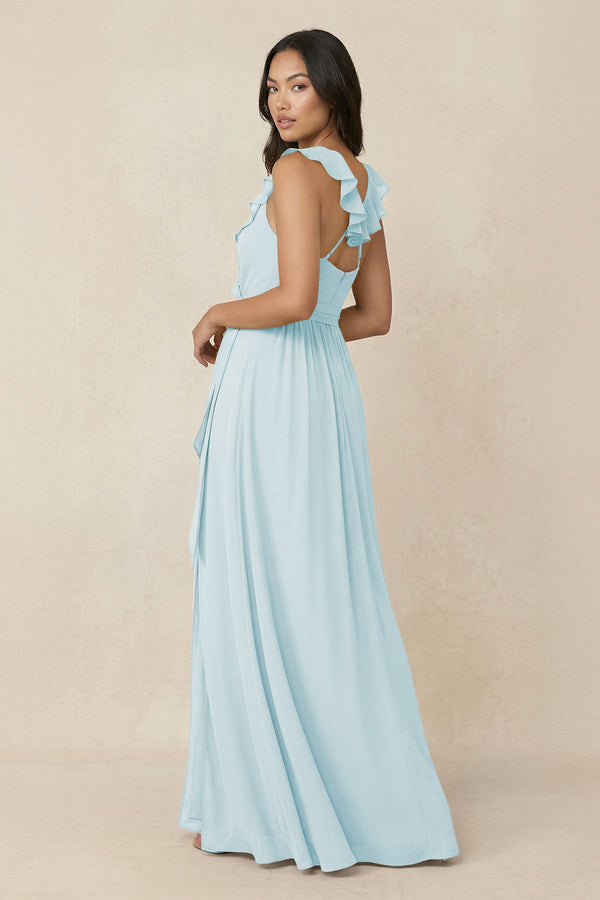 Ruffled V-Neck A-Line Chiffon Bridesmaid Dress in Sky Blue - SHE IS ME BRIDESMAID DRESSES