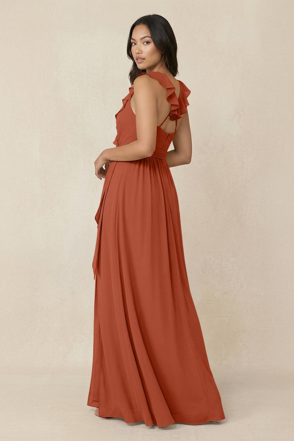 Ruffled V-Neck A-Line Chiffon Bridesmaid Dress in Spice - SHE IS ME BRIDESMAID DRESSES