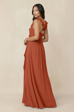 Ruffled V-Neck A-Line Chiffon Bridesmaid Dress in Spice - SHE IS ME BRIDESMAID DRESSES