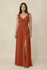 Ruffled V-Neck A-Line Chiffon Bridesmaid Dress in Spice - KISS BRIDAL BRIDESMAID DRESSES