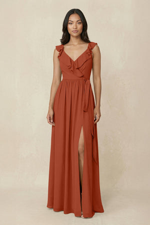 Ruffled V-Neck A-Line Chiffon Bridesmaid Dress in Spice - SHE IS ME BRIDESMAID DRESSES