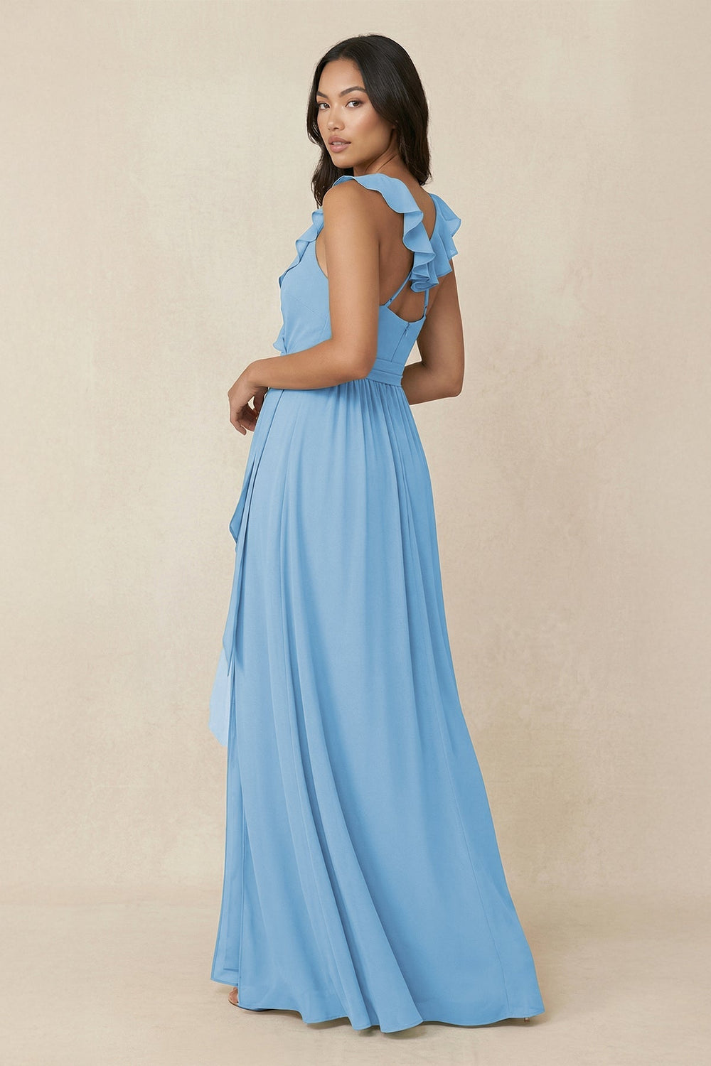 Ruffled V-Neck A-Line Chiffon Bridesmaid Dress in Steel Blue - SHE IS ME BRIDESMAID DRESSES