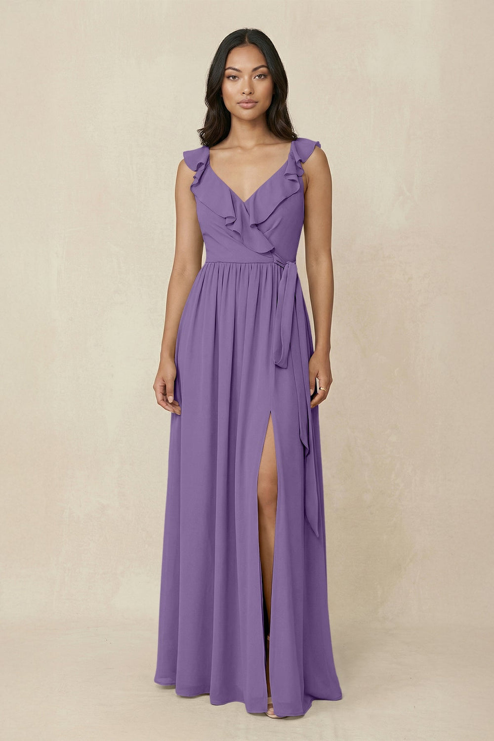 Ruffled V-Neck A-Line Chiffon Bridesmaid Dress in Tahiti - KISS BRIDAL BRIDESMAID DRESSES