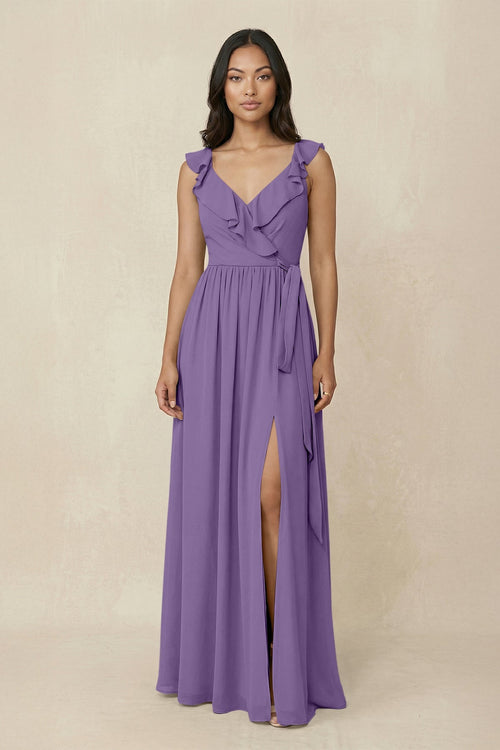 Ruffled V-Neck A-Line Chiffon Bridesmaid Dress in Tahiti - SHE IS ME BRIDESMAID DRESSES