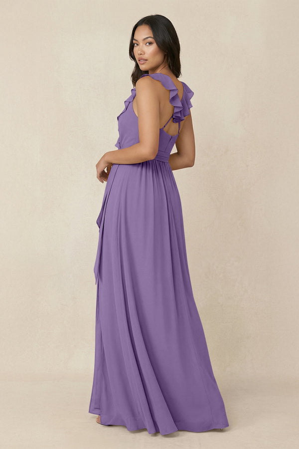 Ruffled V-Neck A-Line Chiffon Bridesmaid Dress in Tahiti - SHE IS ME BRIDESMAID DRESSES