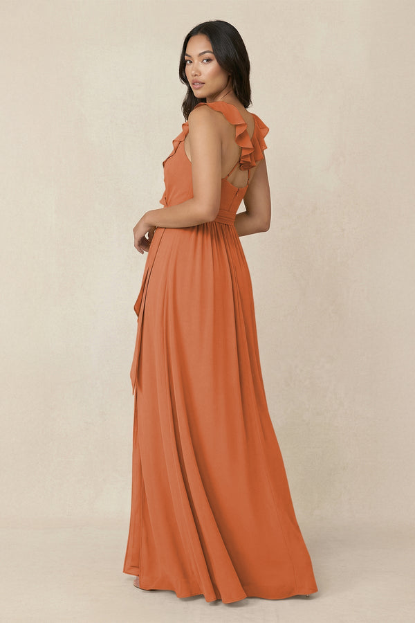 Ruffled V-Neck A-Line Chiffon Bridesmaid Dress in Terracotta - SHE IS ME BRIDESMAID DRESSES