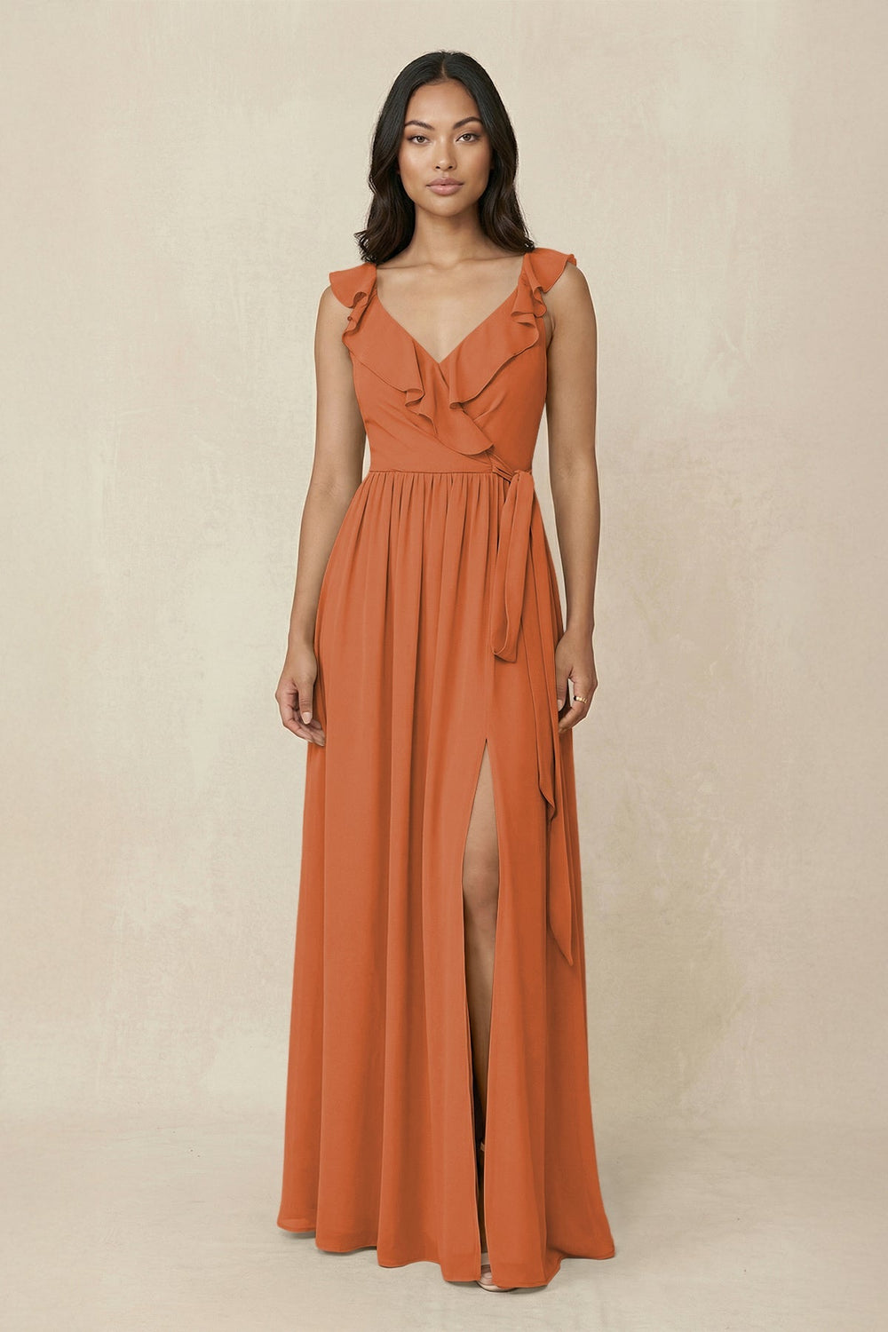 Ruffled V-Neck A-Line Chiffon Bridesmaid Dress in Terracotta - SHE IS ME BRIDESMAID DRESSES