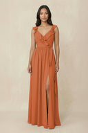 Ruffled V-Neck A-Line Chiffon Bridesmaid Dress in Terracotta - SHE IS ME BRIDESMAID DRESSES