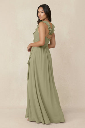 Ruffled V-Neck A-Line Chiffon Bridesmaid Dress in Thyme - SHE IS ME BRIDESMAID DRESSES