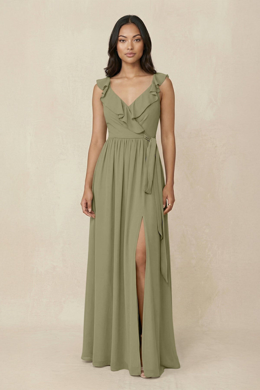 Ruffled V-Neck A-Line Chiffon Bridesmaid Dress in Thyme - SHE IS ME BRIDESMAID DRESSES