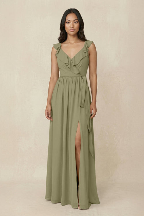 Ruffled V-Neck A-Line Chiffon Bridesmaid Dress in Thyme - SHE IS ME BRIDESMAID DRESSES