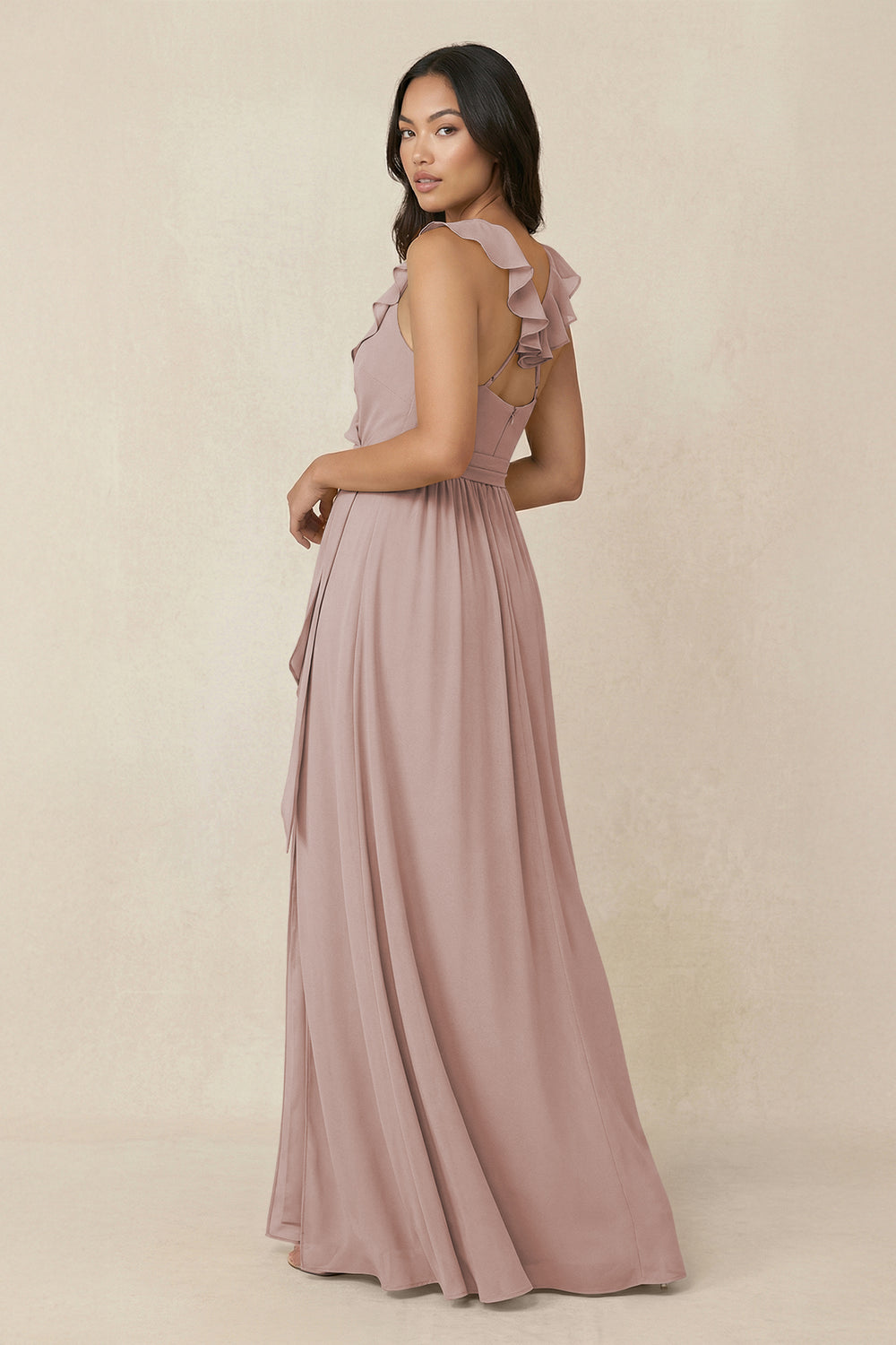 Ruffled V-Neck A-Line Chiffon Bridesmaid Dress in Toffee